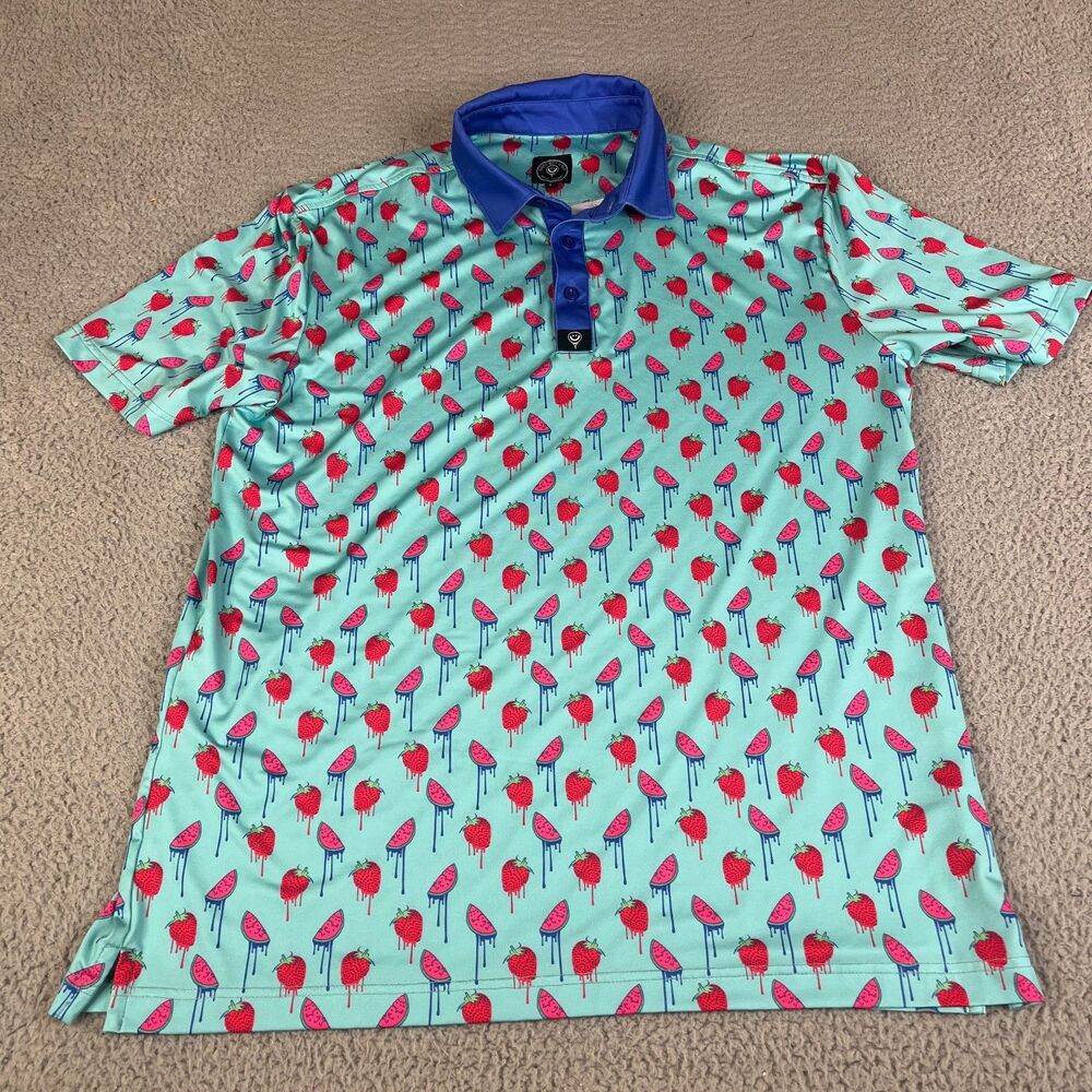 GOOD BOY Golf Polo Performance Mens L Blue Watermelon Strawberry Shirt Graphic